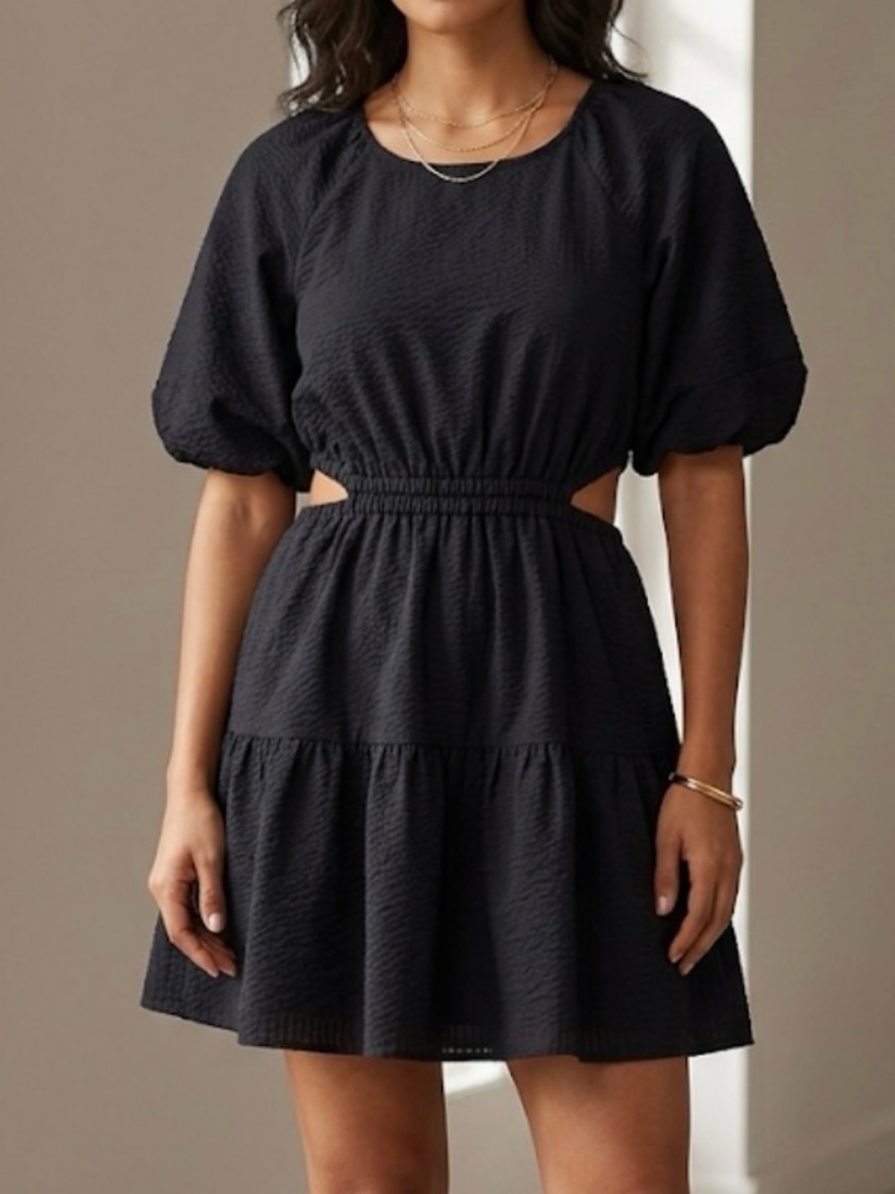 Madewell Black Short Puff Sleeve Tiered Mini Dress